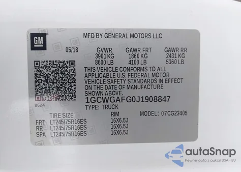 2018 Chevrolet Express 2500 Work Van z USA, uszkodzony, nr VIN 1GCWGAFG0J1908847